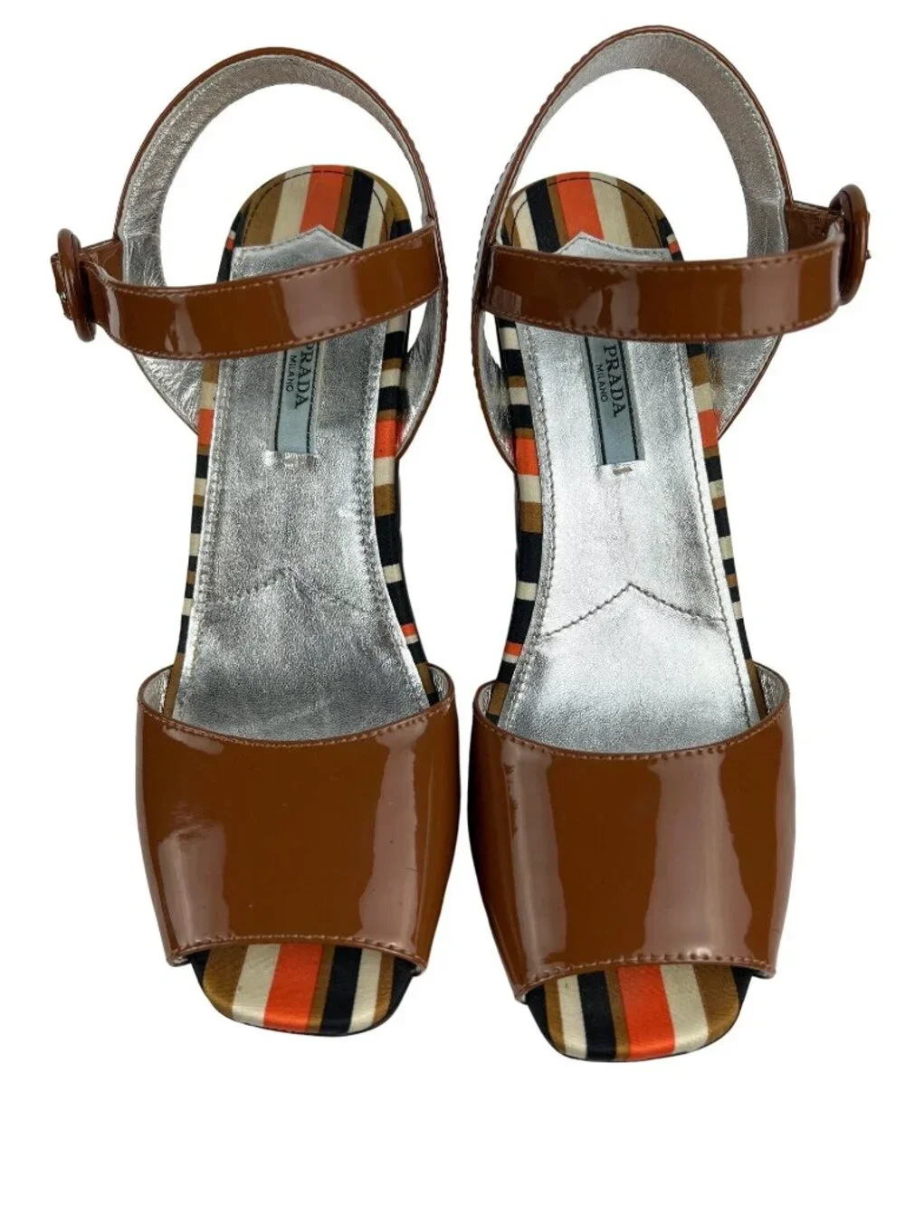 Prada Brown Patent Leather Peep-Toe Platform Heels With Striped Fabric Size 8.5